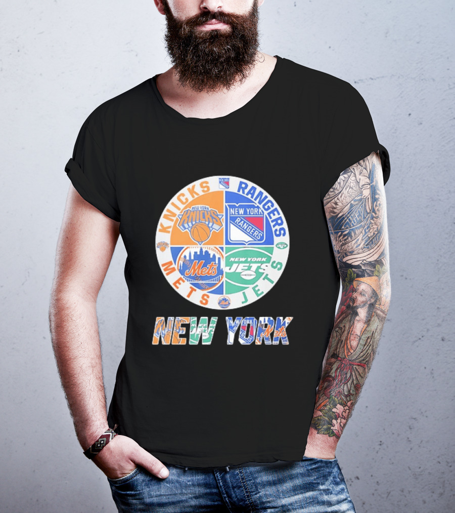 New York Knicks Rangers Mets Jets Fan Logos NY Sports Team Circle T-Shirt