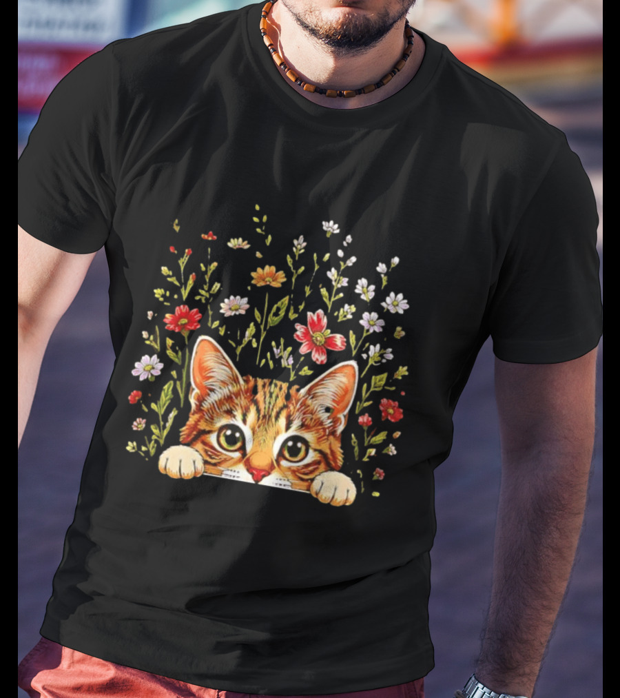 Tabby Kitten Head Through Wildflowers Florals T-Shirt