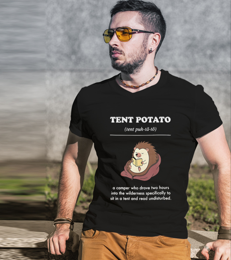 TENT POTATO Hedgehog Reading Camper Wilderness Tent Adventure T-Shirt