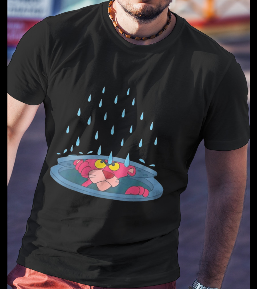Pink Panther Peek Manhole Rainstorm Scene T-Shirt