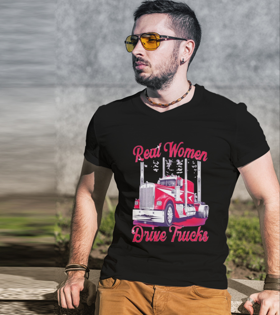 Real Women Drive Trucks Semi Truck With Flowers T-Shirt