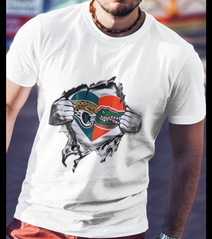 Heart Jacksonville Jaguars Florida Gators Ripped Chest T-Shirt