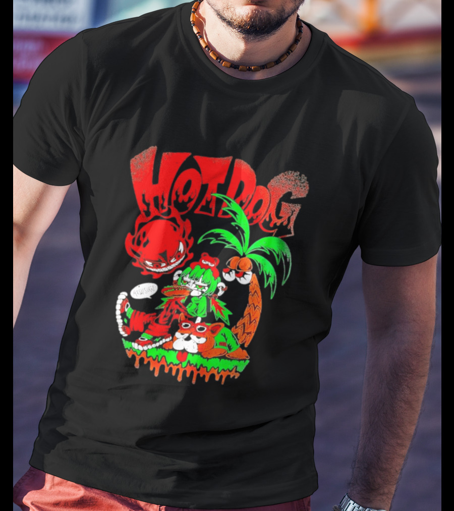 Hotdog Atsusugi Girl With Bear Hat And Dog Under Palm Tree T-Shirt
