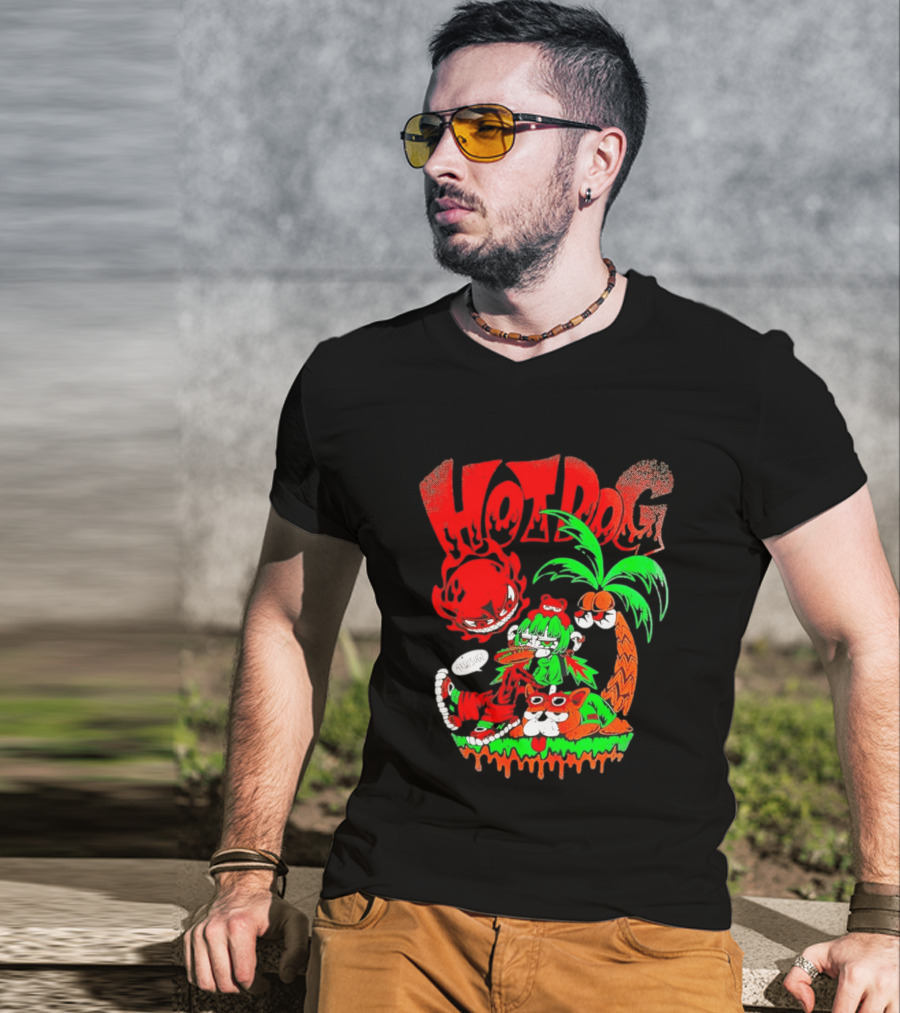 Hotdog Atsusugi Girl With Bear Hat And Dog Under Palm Tree T-Shirt