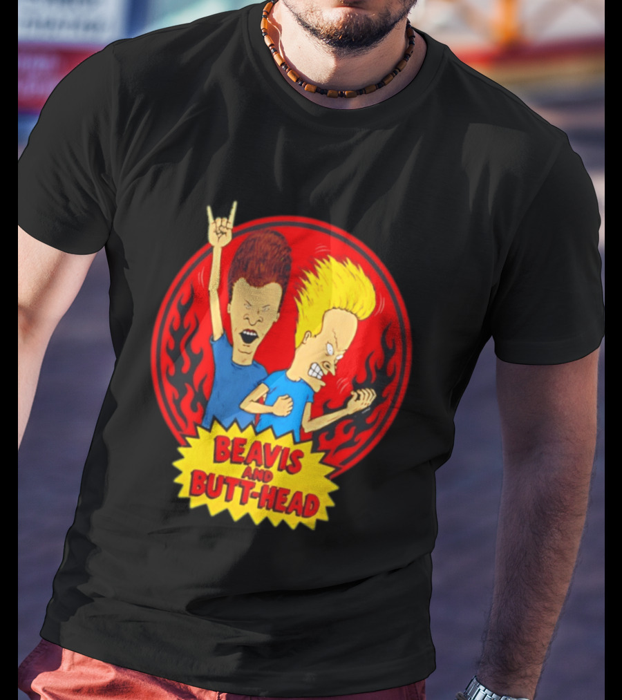 Beavis And Butt Head Rocking Out Flames Circle T-Shirt