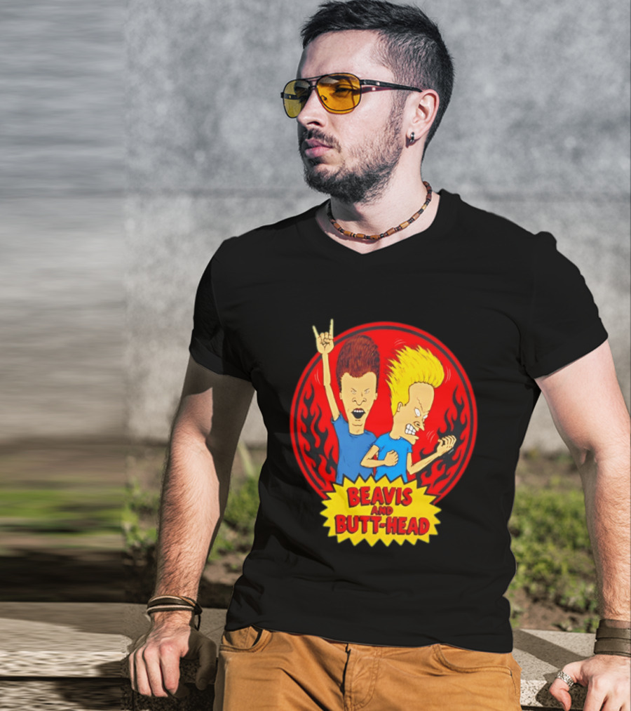 Beavis And Butt Head Rocking Out Flames Circle T-Shirt