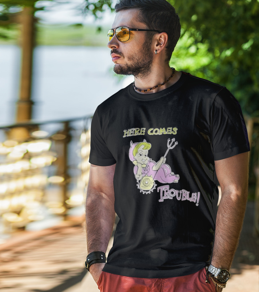 Here Comes Trouble Devil Baby With Pitchfork And Telephone T-Shirt