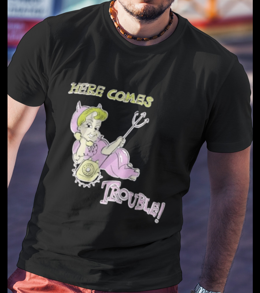 Here Comes Trouble Devil Baby With Pitchfork And Telephone T-Shirt