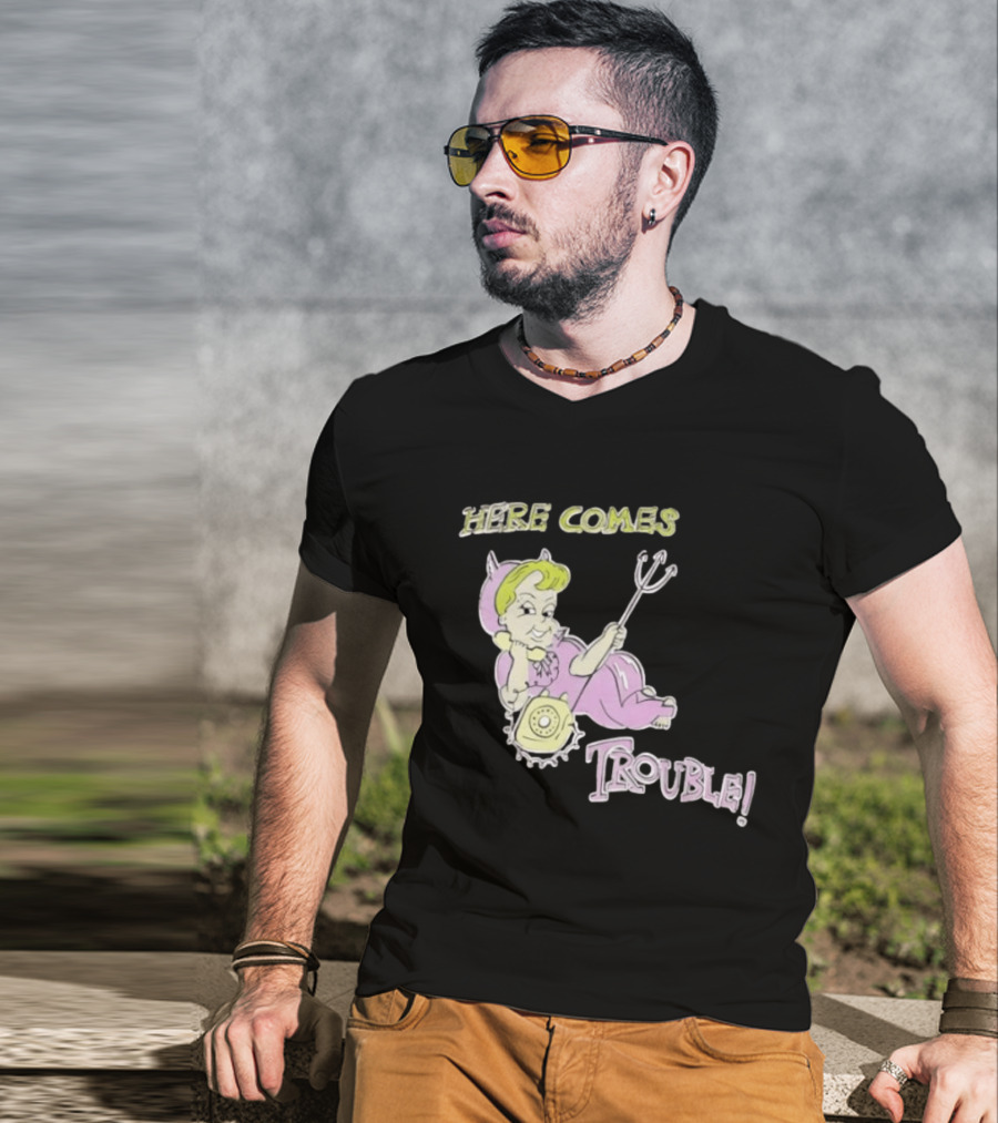 Here Comes Trouble Devil Baby With Pitchfork And Telephone T-Shirt