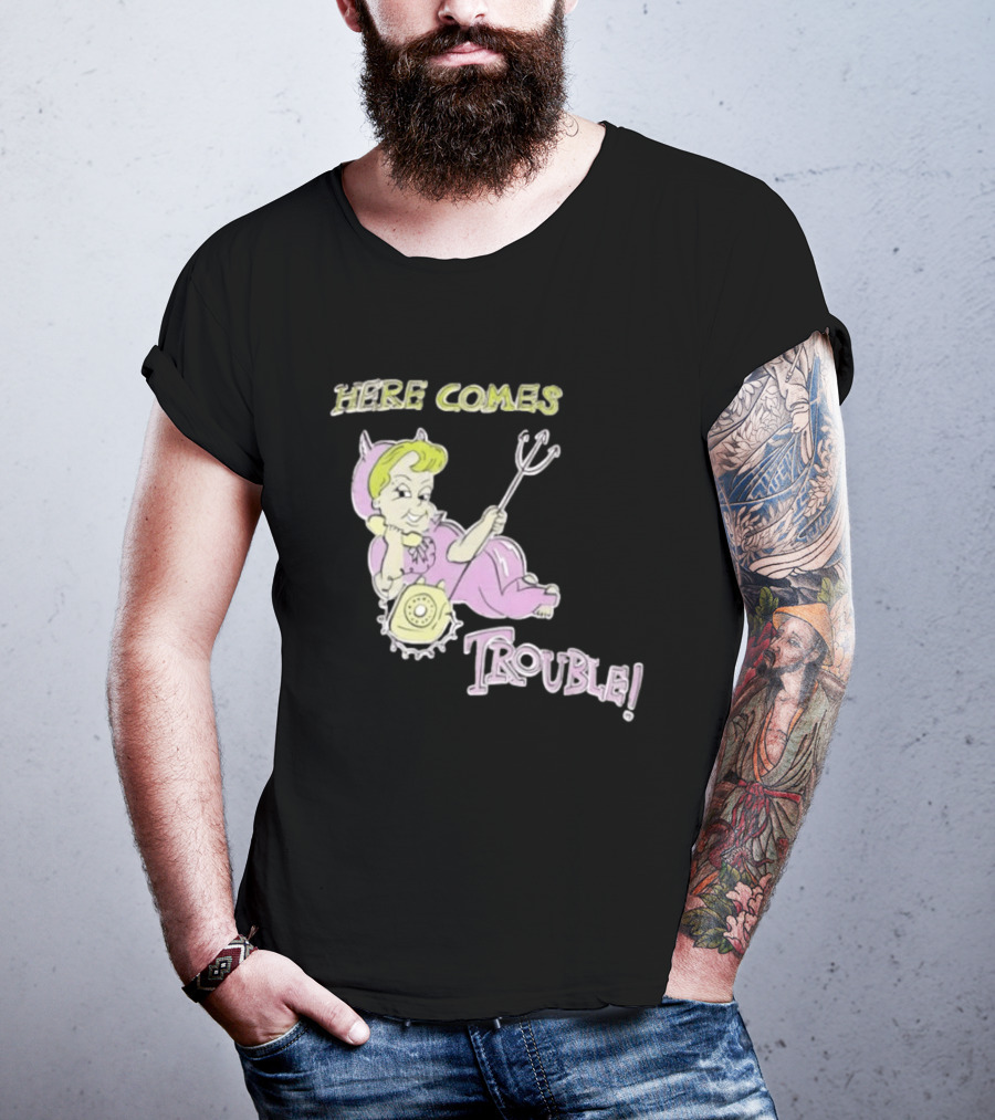 Here Comes Trouble Devil Baby With Pitchfork And Telephone T-Shirt
