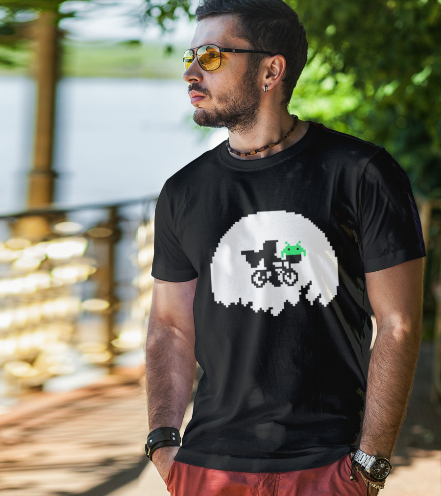 Elliott And Extra Terrestrial On Bicycle With Space Invader Pixel T-Shirt