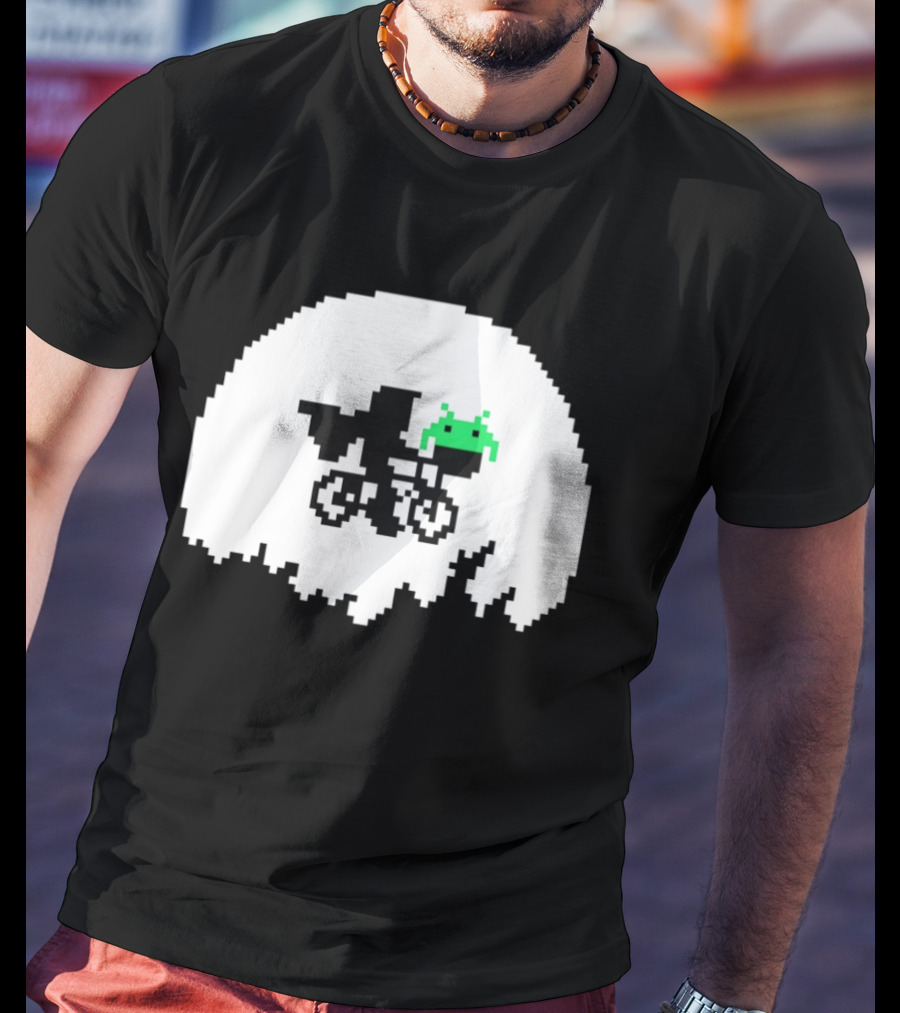 Elliott And Extra Terrestrial On Bicycle With Space Invader Pixel T-Shirt