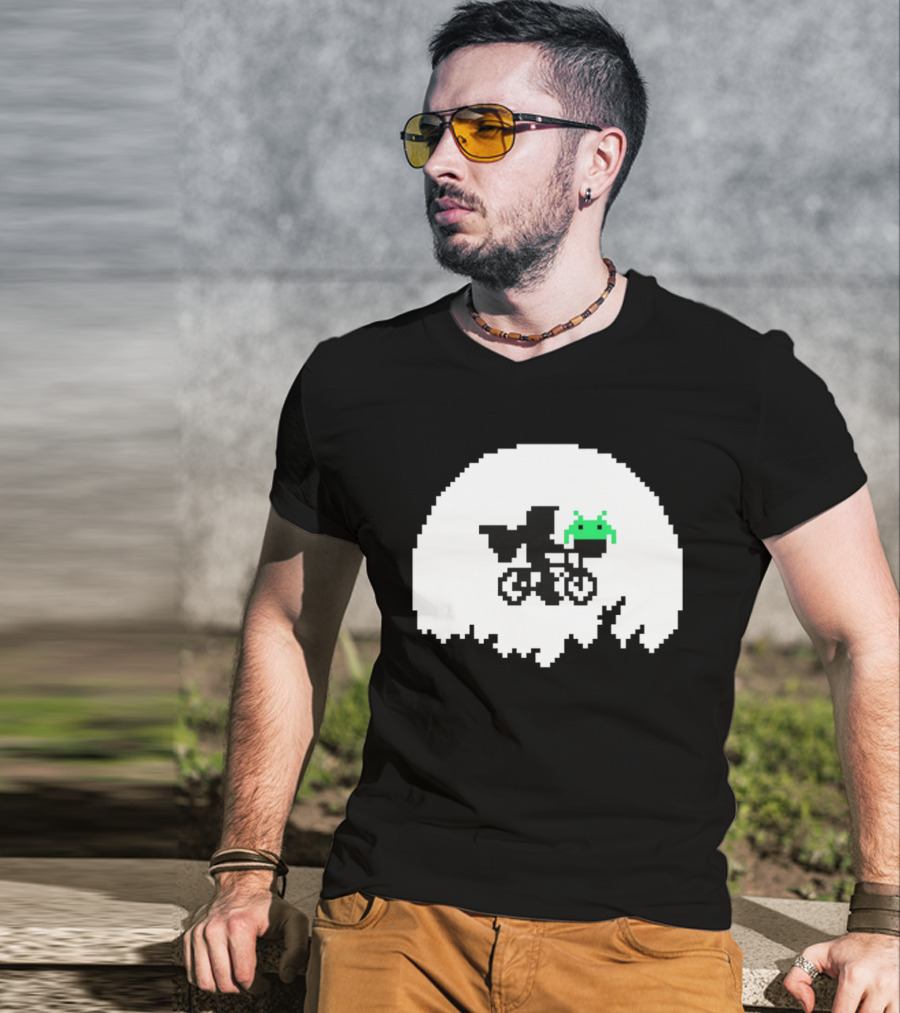 Elliott And Extra Terrestrial On Bicycle With Space Invader Pixel T-Shirt