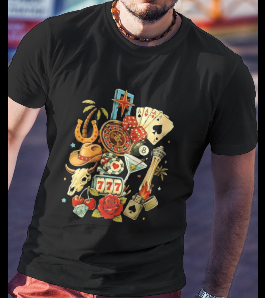 Las Vegas Casino Lucky Seven Poker Ace Of Spades Roulette Dice Palm Tree Horseshoe Rose Martini Skyscraper T-Shirt