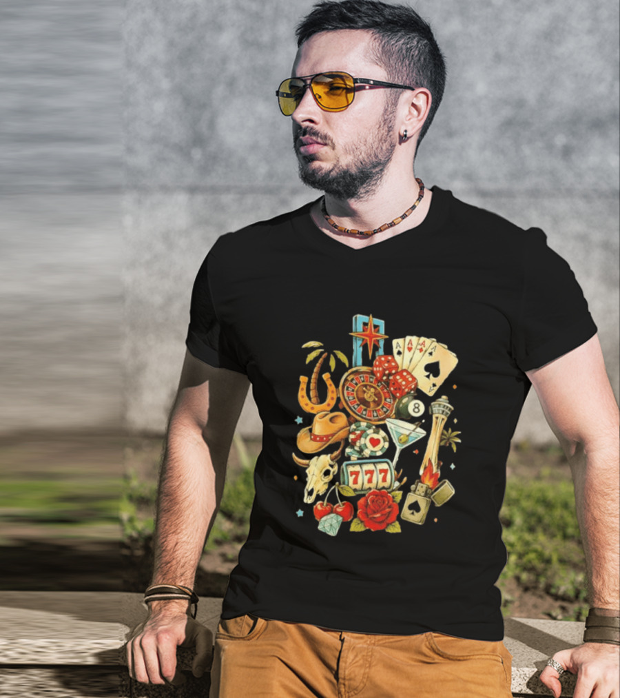 Las Vegas Casino Lucky Seven Poker Ace Of Spades Roulette Dice Palm Tree Horseshoe Rose Martini Skyscraper T-Shirt