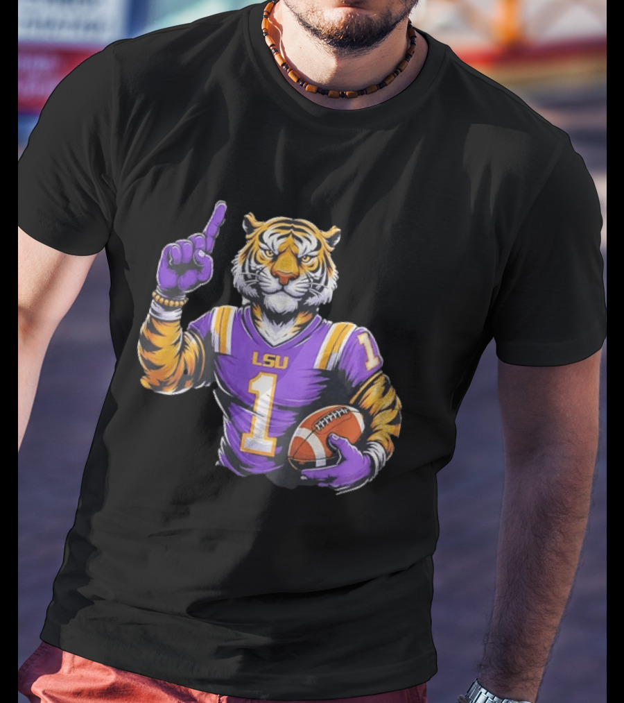 LSU Tiger Football Pointing Number 1 Holding Ball T-Shirt