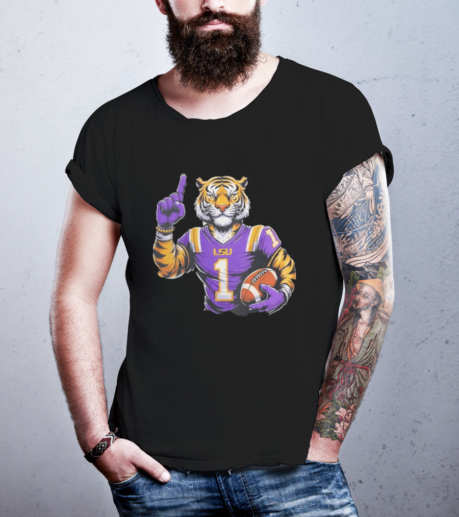 LSU Tiger Football Pointing Number 1 Holding Ball T-Shirt