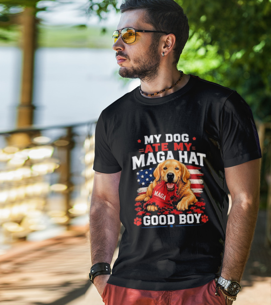 My Dog Ate My MAGA Hat Good Boy American Flag Dog Paw Print T-Shirt