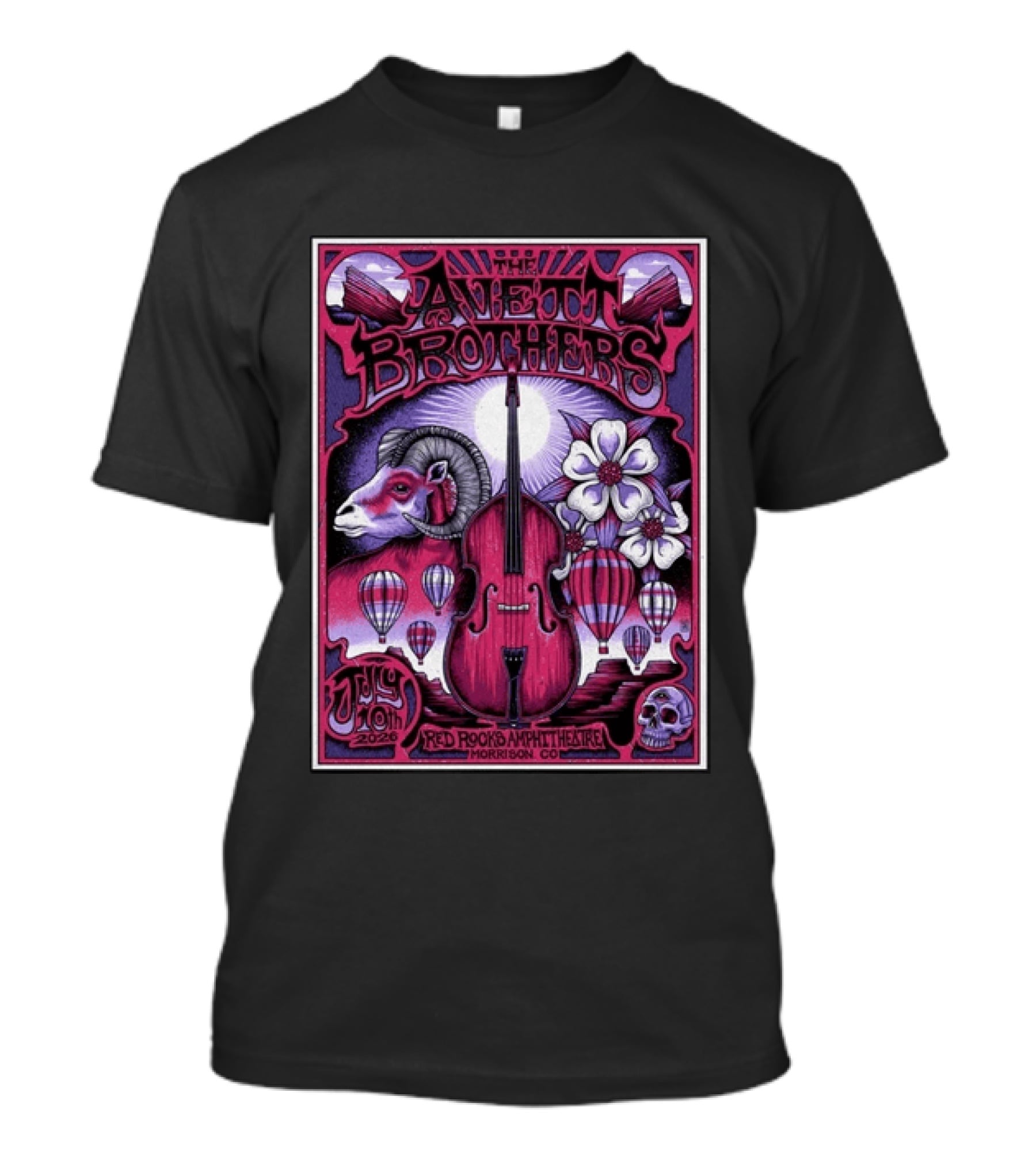 The Avett Brothers Red Rocks Amphitheatre Jul 10 2026 Morrison CO Hot Air Balloons Ram Violin Skull Art Flowers T-Shirt