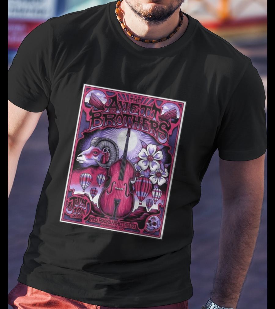 The Avett Brothers Red Rocks Amphitheatre Jul 10 2026 Morrison CO Hot Air Balloons Ram Violin Skull Art Flowers T-Shirt