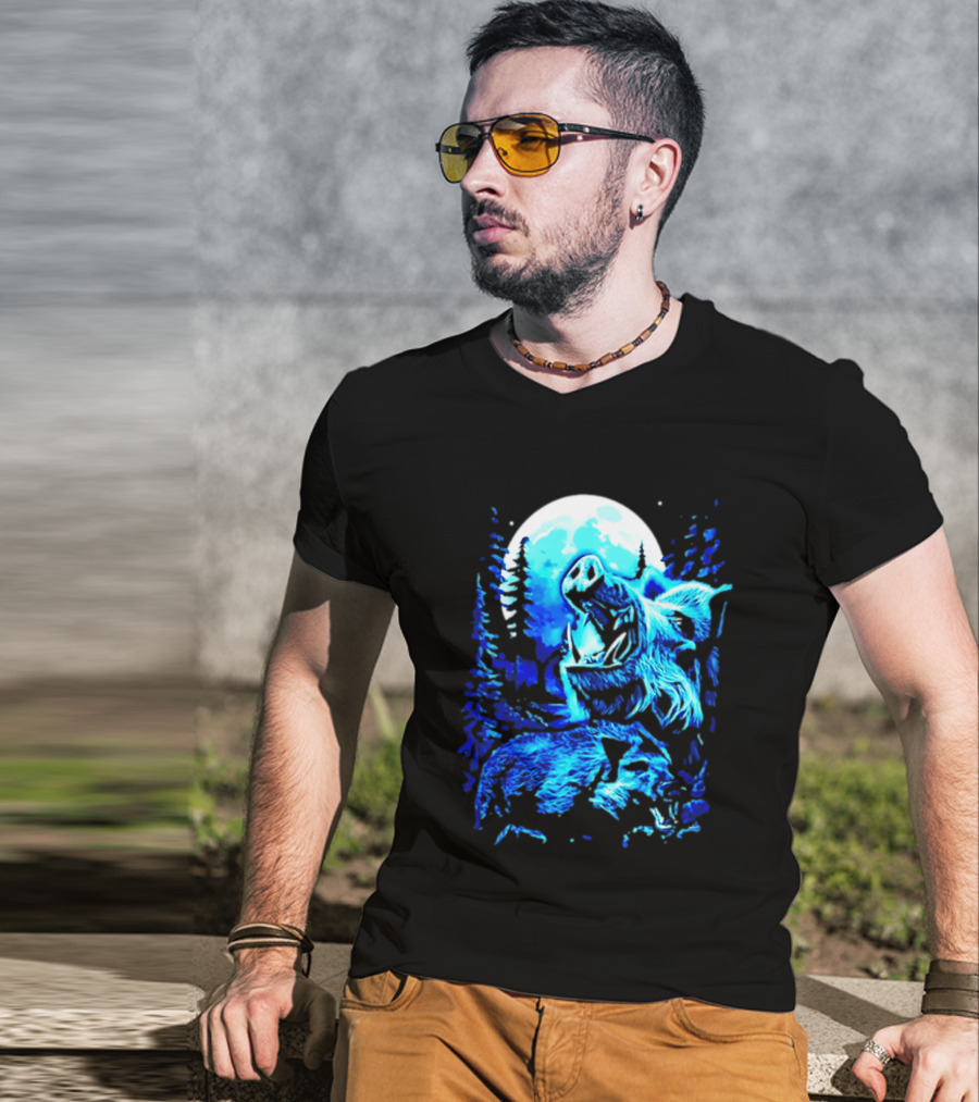 Wild Boar Howling At The Moon Under Mystical Forest Night Sky T-Shirt