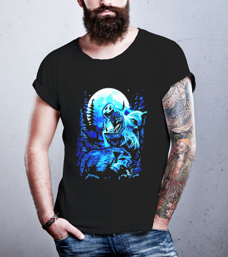 Wild Boar Howling At The Moon Under Mystical Forest Night Sky T-Shirt
