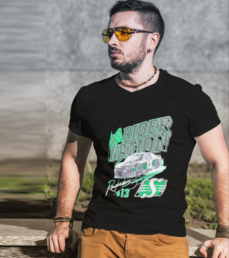 Saskatchewan Roughriders Rider Nation Race Car Number 13 With Team Logo And Flag T-Shirt