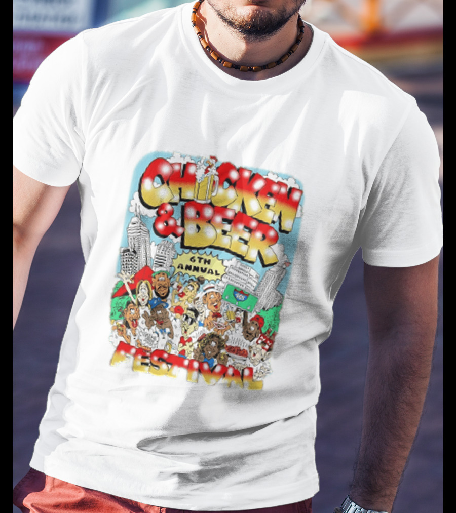 6th Annual Chicken & Beer Festival Indianapolis Cartoon Cityscape Crowd Fun T-Shirt