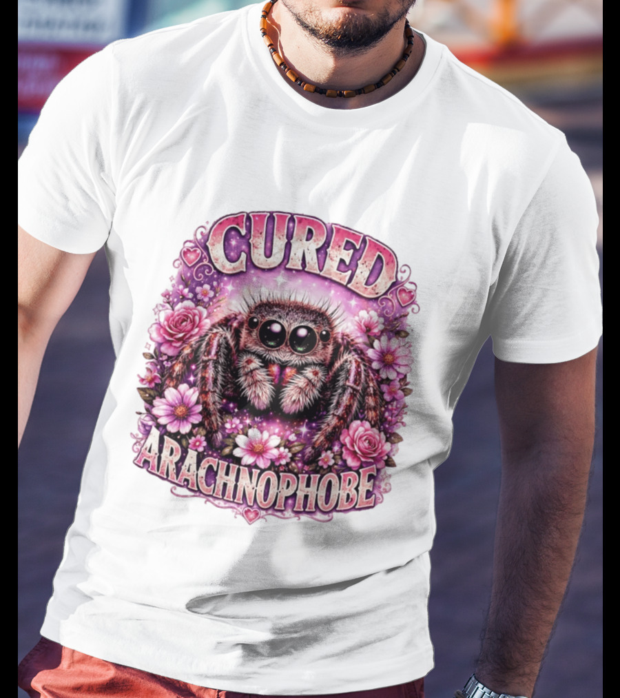 Cured Arachnophobe Jumping Spider Floral Hearts And Flowers T-Shirt