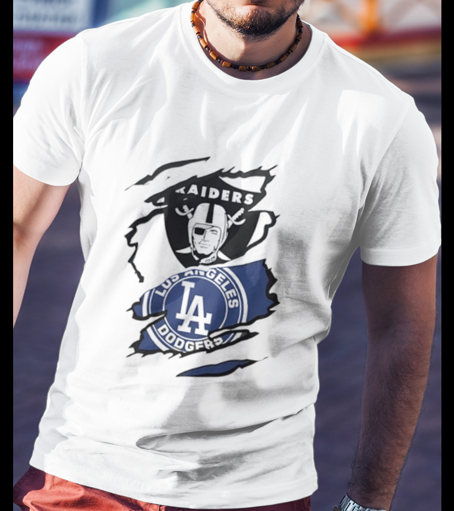 Raiders Los Angeles Dodgers Ripped Effect NFL MLB Crossover Fan Gear T-Shirt