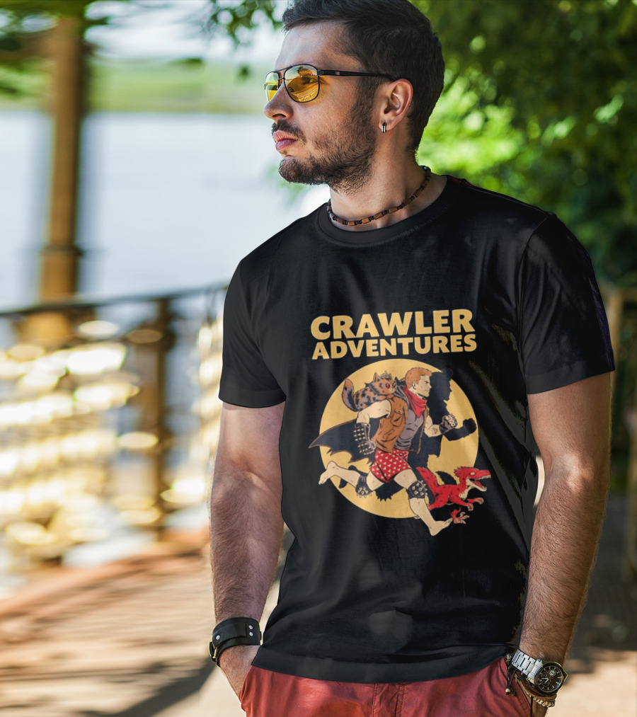 Crawler Adventures Running Man Cat Companion And Raptor T-Shirt