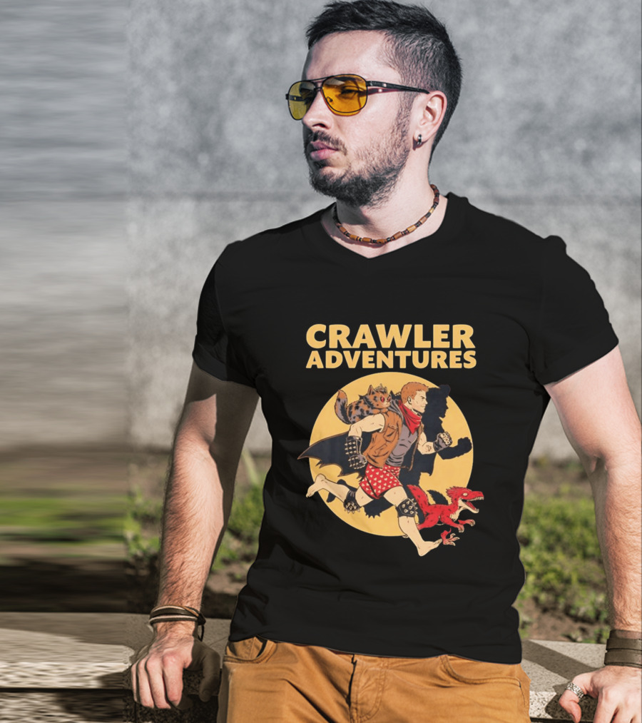 Crawler Adventures Running Man Cat Companion And Raptor T-Shirt