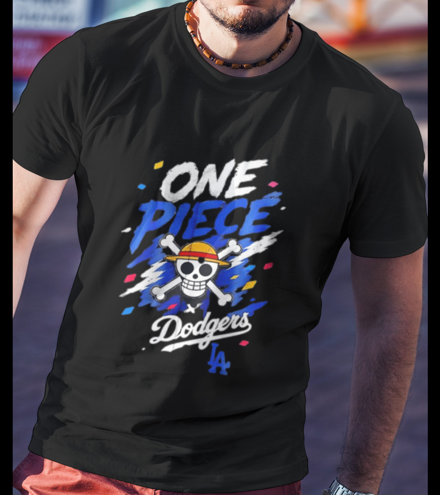 One Piece Dodgers LA Crossover With Jolly Roger And Straw Hat T-Shirt