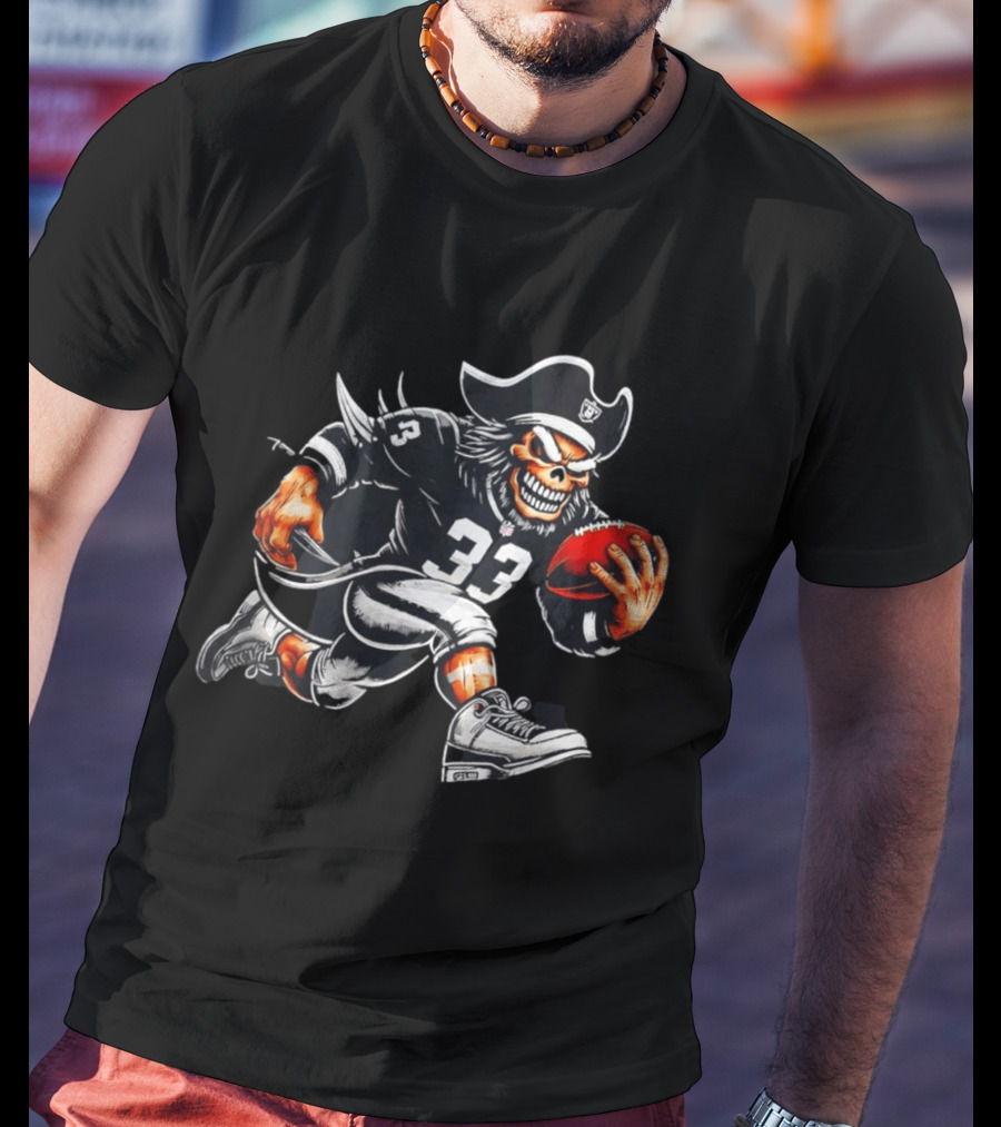 Raiders Skeleton Pirate Running With Football Number 33 T-Shirt