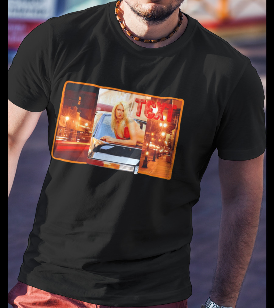 Blonde Woman In Red Bikini Leaning On Car At Night With Neon City Lights T-Shirt