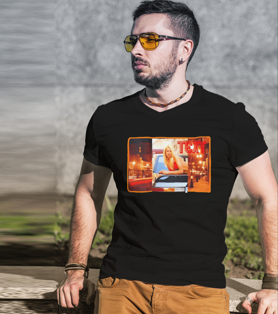 Blonde Woman In Red Bikini Leaning On Car At Night With Neon City Lights T-Shirt