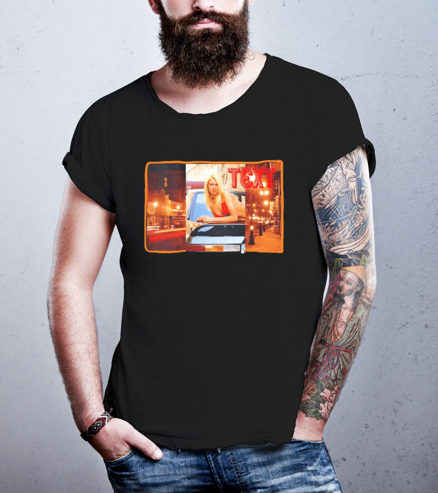 Blonde Woman In Red Bikini Leaning On Car At Night With Neon City Lights T-Shirt