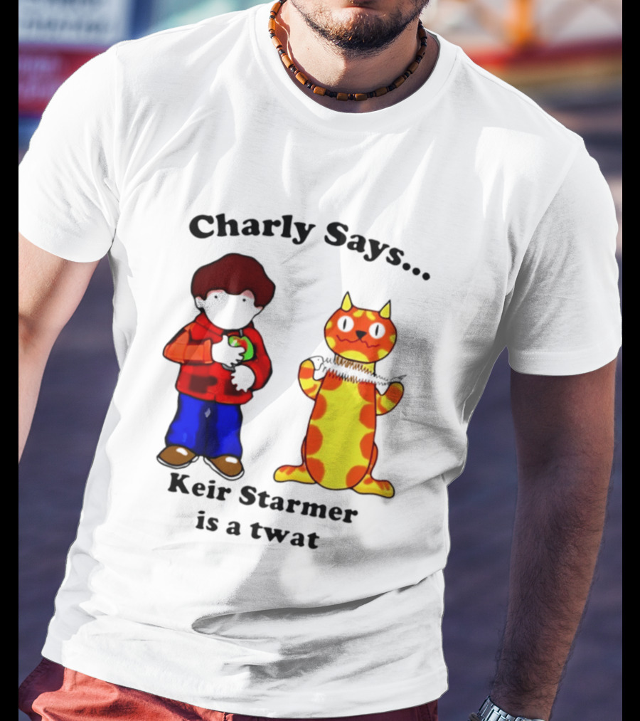 Charly Says Keir Starmer Is A Twat Comic Retro Style Cat And Kid T-Shirt