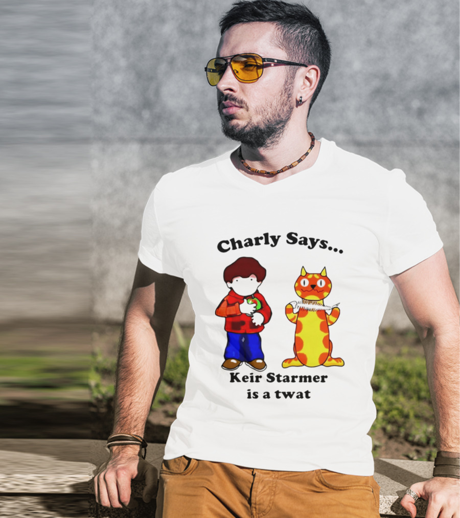 Charly Says Keir Starmer Is A Twat Comic Retro Style Cat And Kid T-Shirt