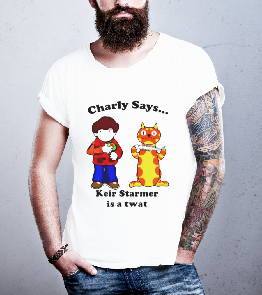 Charly Says Keir Starmer Is A Twat Comic Retro Style Cat And Kid T-Shirt