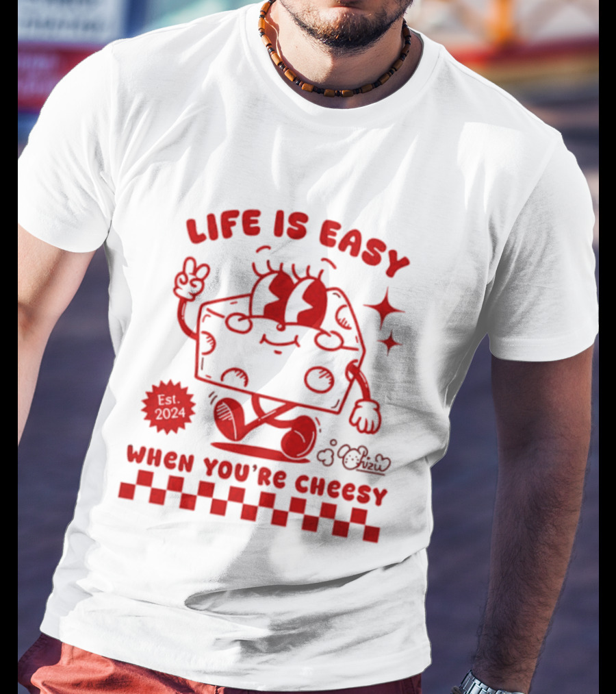 Life Is Easy When You're Cheesy Cartoon Cheese Character With Peace Sign And Stars T-Shirt