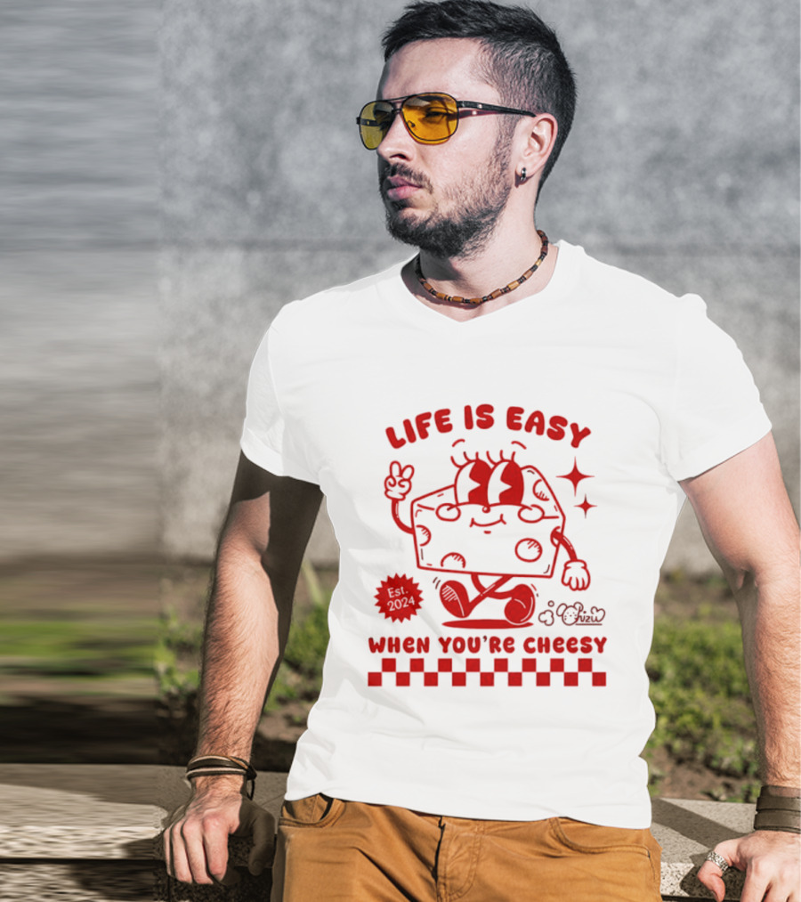 Life Is Easy When You're Cheesy Cartoon Cheese Character With Peace Sign And Stars T-Shirt