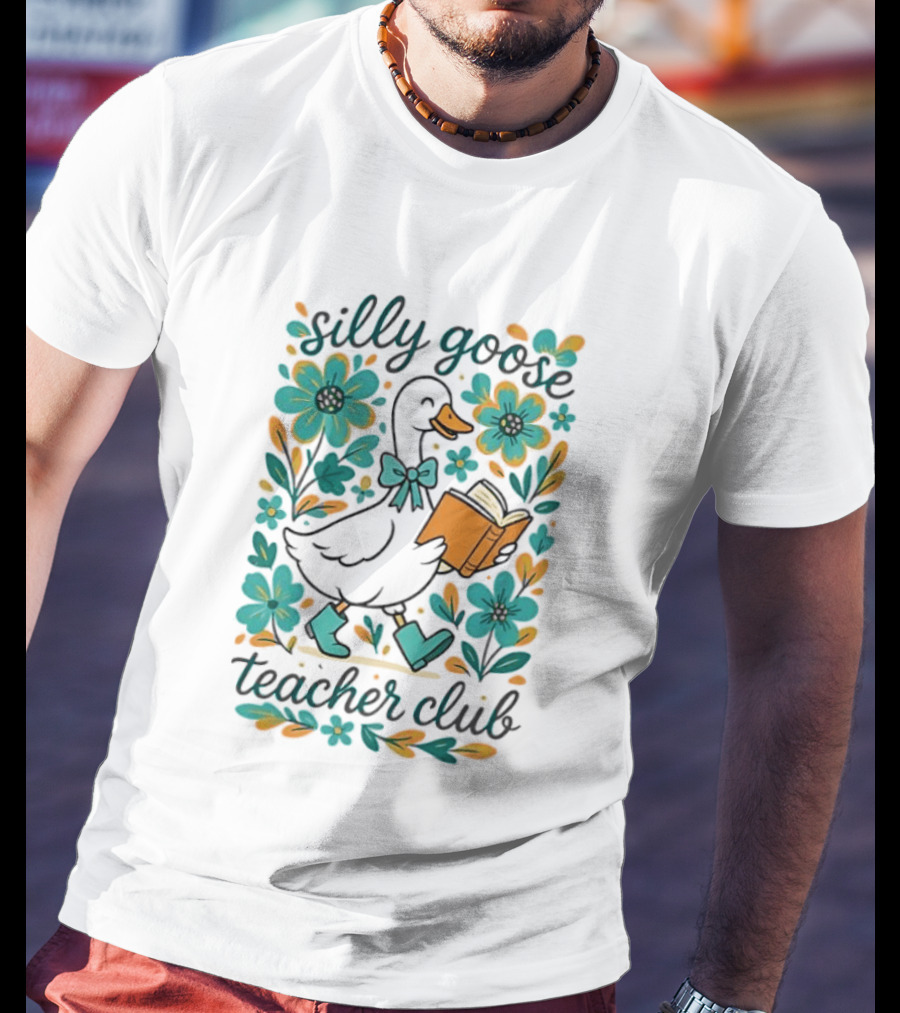 Silly Goose Teacher Club Reading Goose With Flowers And Rain Boots T-Shirt