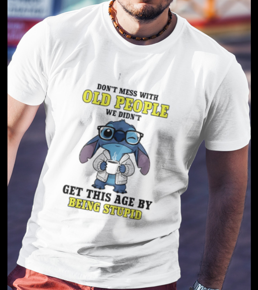 Stitch Don't Mess With Old People Winking Glasses Blue Character Image T-Shirt