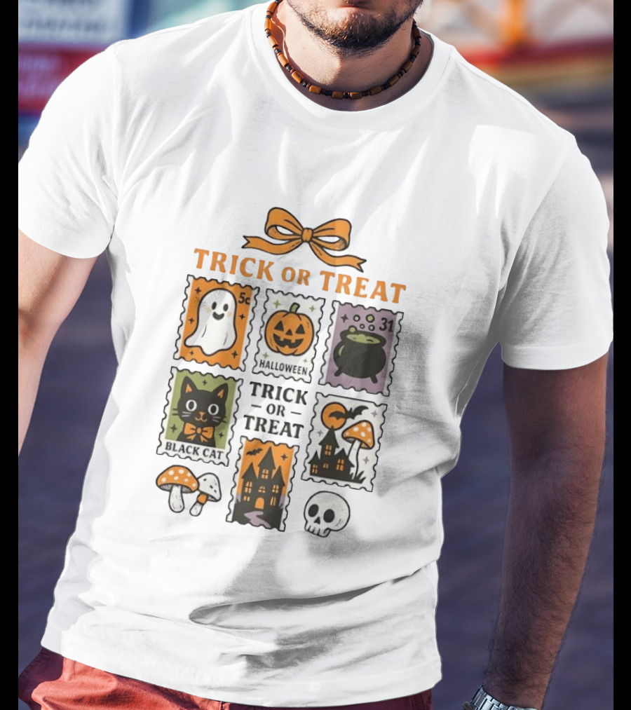 Trick Or Treat Halloween Ghost Pumpkin Cauldron Black Cat Haunted House T-Shirt