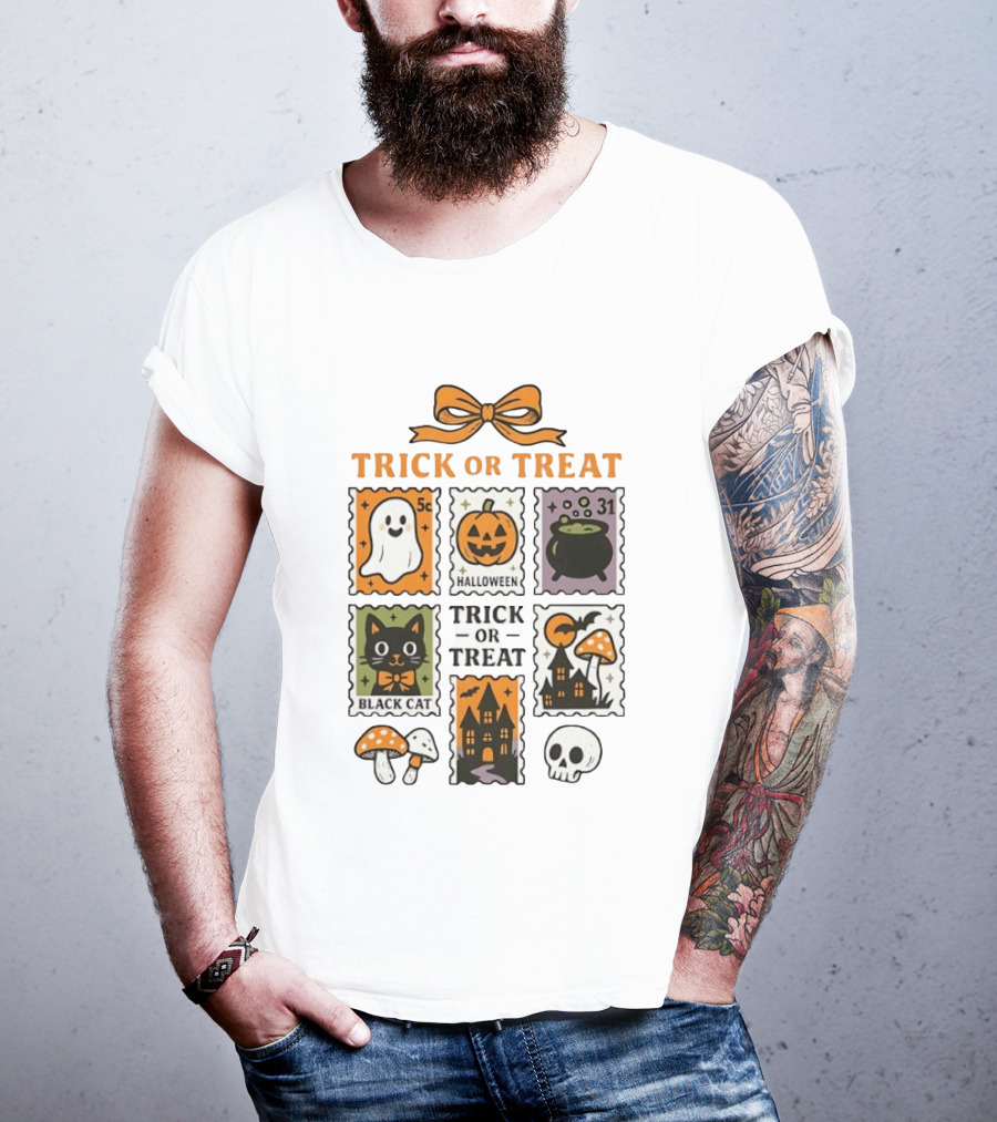 Trick Or Treat Halloween Ghost Pumpkin Cauldron Black Cat Haunted House T-Shirt