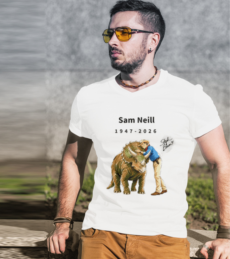 Sam Neill 1947 2026 Jurassic Park Iconic Triceratops Scene T-Shirt