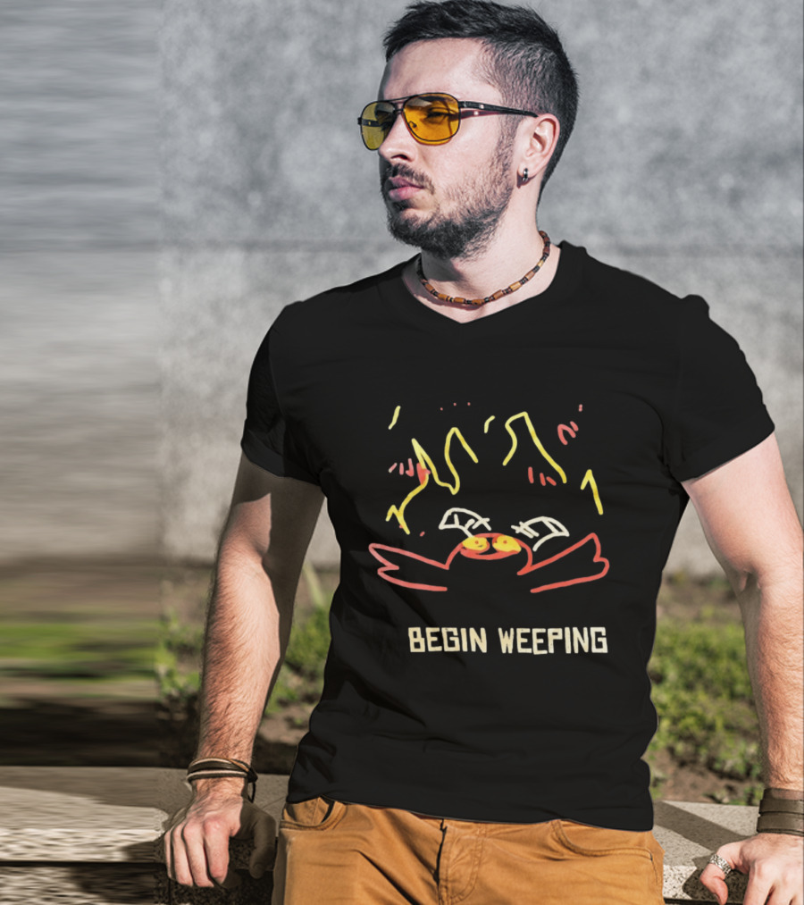 Begin Weeping Cartoon Crab With Fireworks T-Shirt