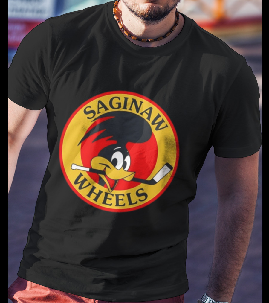 Saginaw Wheels Hockey Cartoon Character With Hockey Stick T-Shirt