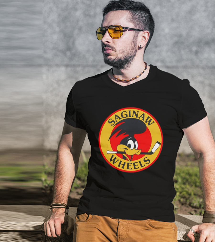 Saginaw Wheels Hockey Cartoon Character With Hockey Stick T-Shirt